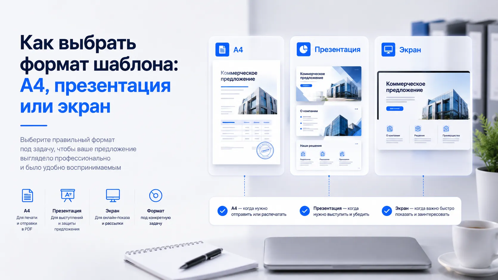 Как выбрать формат шаблона: A4, презентация или экран